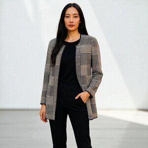 Talbots Plaid Open Sweater S Faux Leather Trim Double Knit Jacket Cardigan